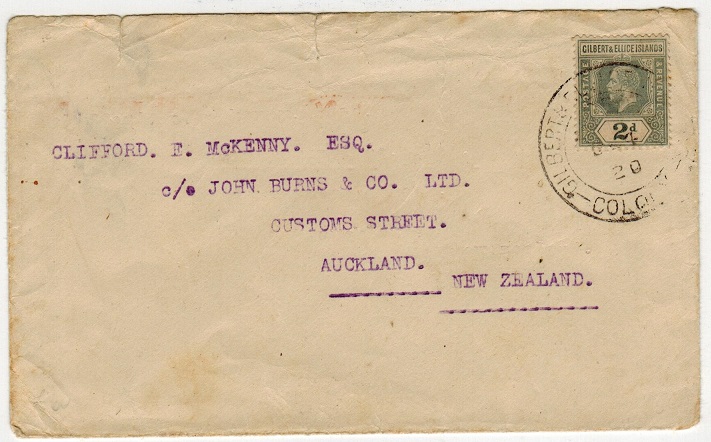 GILBERT AND ELLICE IS - 1920 2d rate cover to New Zealand used at TARAWA.