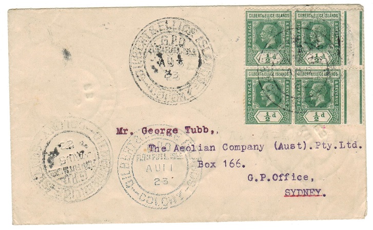 GILBERT AND ELLICE IS - 1923 2d rate cover to Australia used at FUNAFUTI.