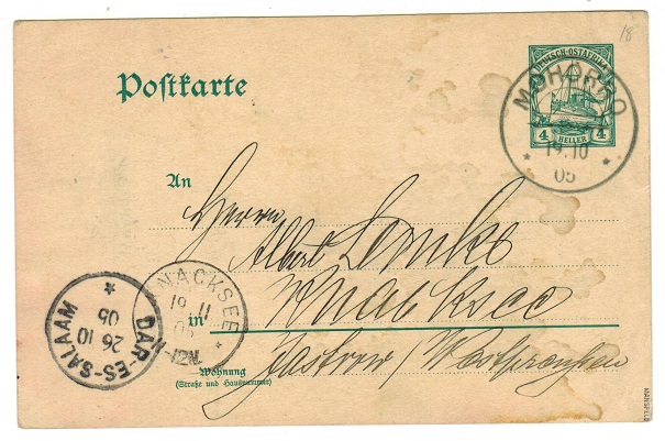 TANGANYIKA - 1905 4h green PSC to Germany used at MOHORRO.  H&G 18.
