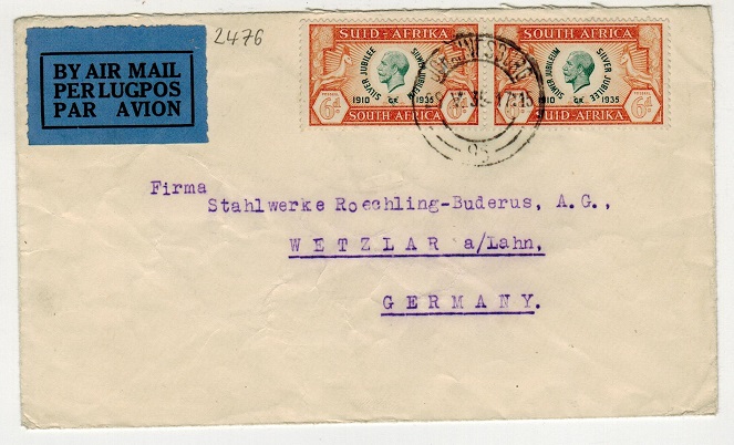 SOUTH AFRICA - 1935 commercial cover to Germany bearing 6d 