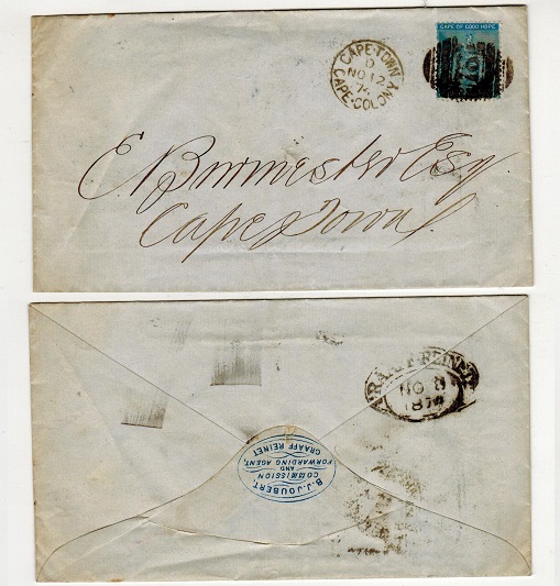 CAPE OF GOOD HOPE - 1874 4d rate local cover struck by 