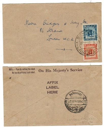 CYRENAICA EMIRATE - 1950 28m rate cover to UK used at BENGHAZI.