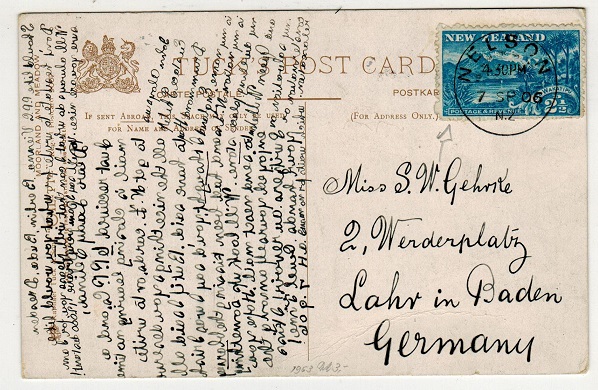 NEW ZEALAND - 1906 2 1/2d rate postcard use to Germany used at NELSON.
