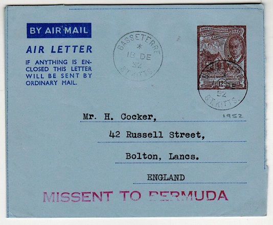 BERMUDA - 1952 misdirected MISSENT TO BERMUDA St.Kitts 12c air letter to UK.