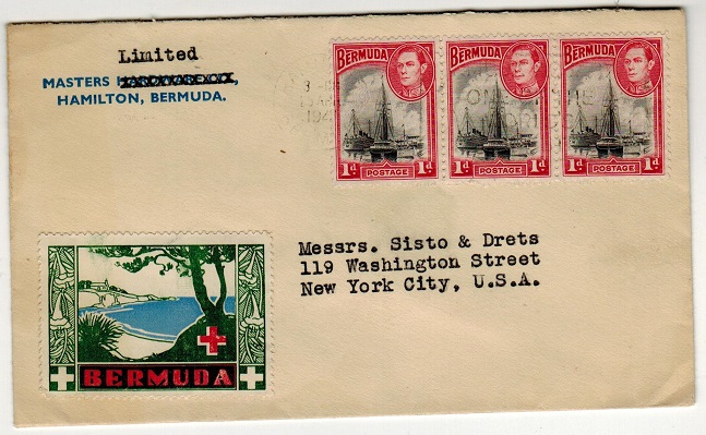 BERMUDA - 1942 3d rate cover to USA with BERMUDA/RED CROSS label applied.