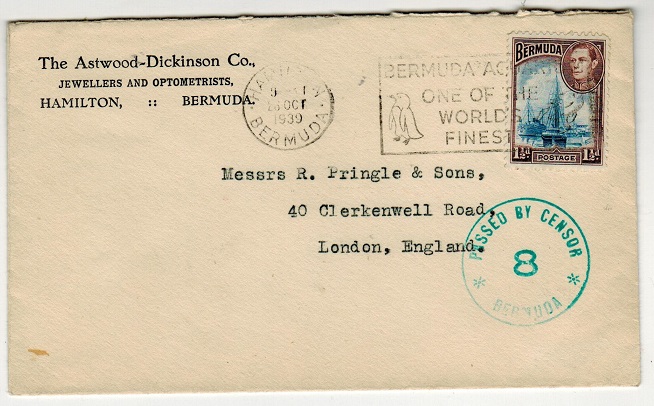 BERMUDA - 1939 1 1/2d rate cover to UK with PASSED BY CENSOR/8 strike applied in green.