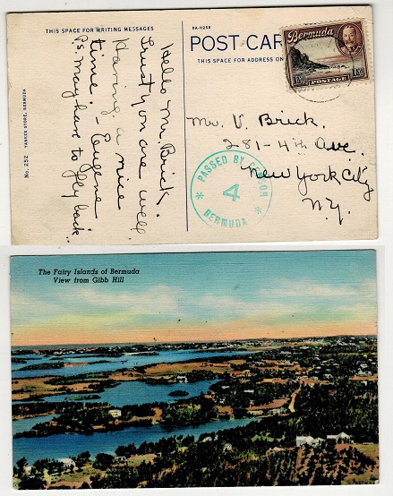 BERMUDA - 1943 1 1/2d rate postcard use to USA with PASSED BY CENSOR/4 strike applied in green.