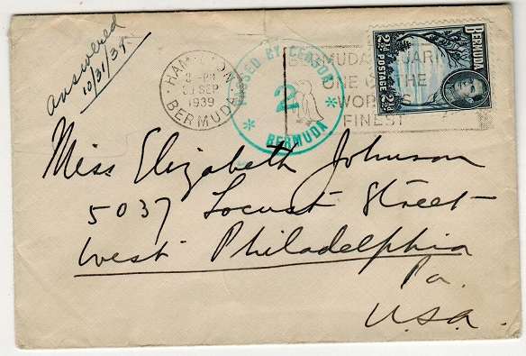 BERMUDA - 1939 2 1/2d rate cover to USA with PASSED BY CENSOR/2 strike applied in green.