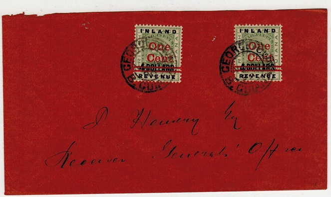 BRITISH GUIANA - 1890 1c on $4 surcharge local cover used at GEORGETOWN.