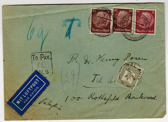 PALESTINE - 1935 inward under paid POSTAGE DUE cover.