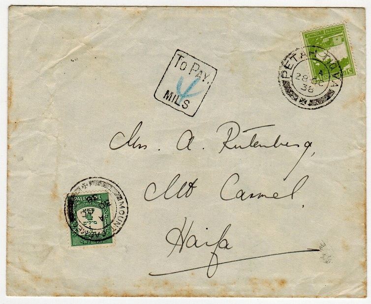 PALESTINE - 1938 under paid POSTAGE DUE cover applied at MOUNT CARMEL.