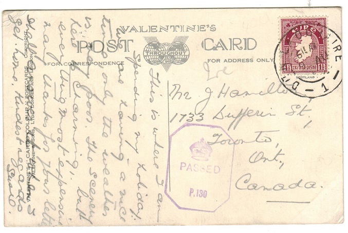IRELAND - 1943 1 1/2d rate censored postcard to Canada used at DUNLAOGHAIRE.