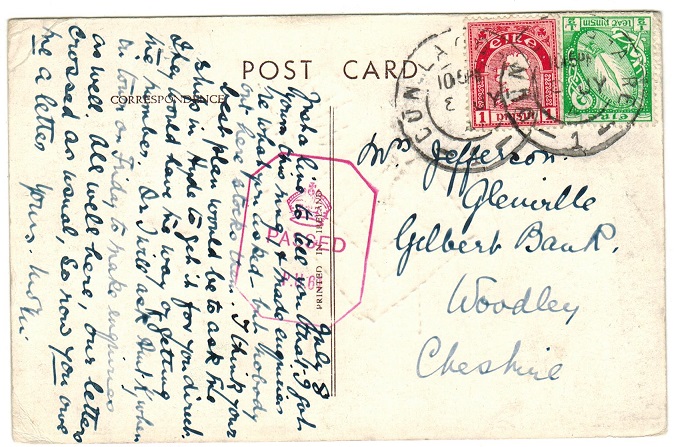IRELAND - 1941 1 1/2d rate censored postcard to UK used at DUN LAOGHAIRE.