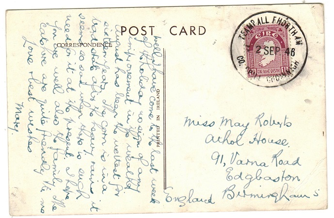 IRELAND - 1946 1 1/2d rate postcard use to UK used at TEAMP ALL FHORTH.