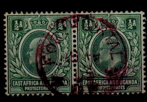 UGANDA - 1905 1/2a green pair struck by FORT PORTAL cds in red ink.