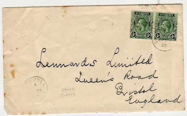 ST.VINCENT - 1929 1d rate cover to UK used at UNION ISLAND.