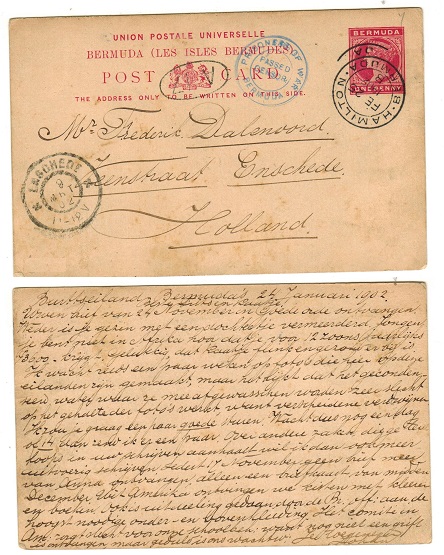 BERMUDA - 1893 1d carmine PSC to Holland used by 