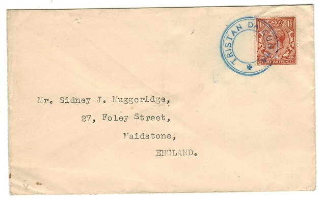 TRISTAN DA CUNHA - 1929 (circa) 1 1/2d rate cover to UK with (SG C6) handstamp struck in blue.