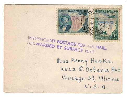 RHODESIA AND NYASALAND - 1956 INSUFFICIENT POSTAGE FOR AIRMAIL cover to USA.