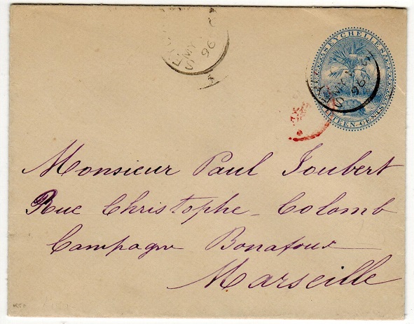 SEYCHELLES - 1895 15c blue PSE addressed to France. H&G 2.