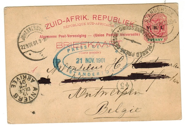 TRANSVAAL - 1900 1d carmine PSC to Belgium with PRESS CENSOR/STANDERTON h/s applied.