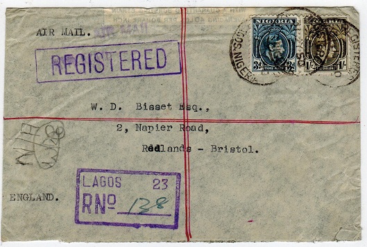 NIGERIA - 1950 registered cover to UK with unusual registered handstamps.
