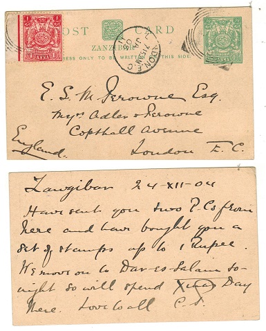 ZANZIBAR - 1904 1/2a light green PSC to UK uprated with additional 1a.  H&G 13.