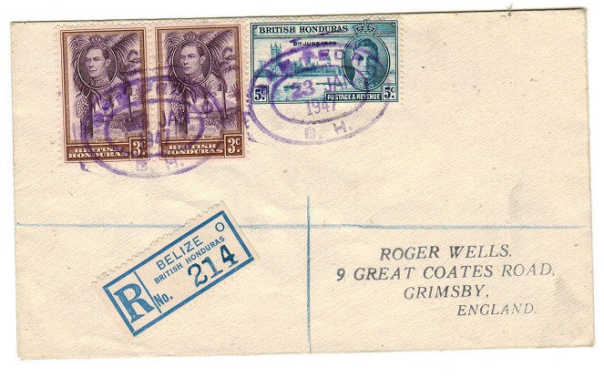 BRITISH HONDURAS - 1947 registered cover to UK used at SAN PERDRO.