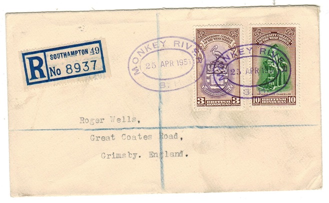 BRITISH HONDURAS - 1951 registered cover to UK used at MONKEY RIVER.