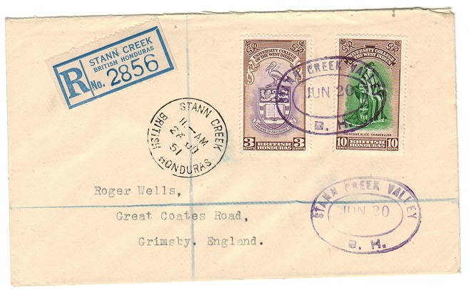 BRITISH HONDURAS - 1951 registered cover to UK used at STANN CREEK VALLEY.