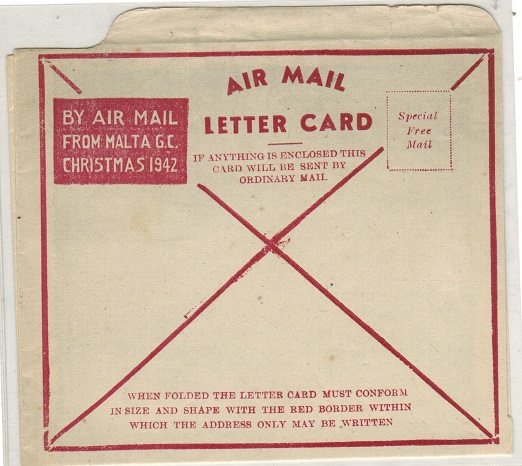 MALTA - 1942 special CHRISTMAS 1942/MALTA/LETTER CARD in red. Fine unused.