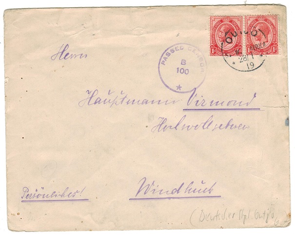 SOUTH WEST AFRICA - 1919 1d rate local censor cover used at OUTJO.