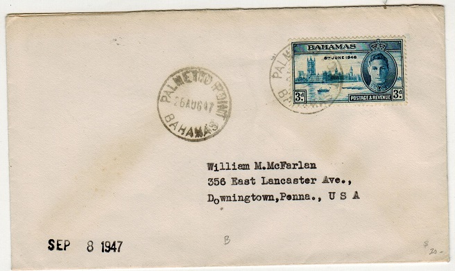 BAHAMAS - 1947 3d rate cover to USA used at PALMETTO POINT.