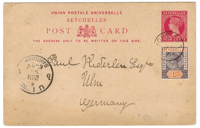 SEYCHELLES - 1890 4c PSC used to Germany uprated with 3c. No message.  H&G 1.