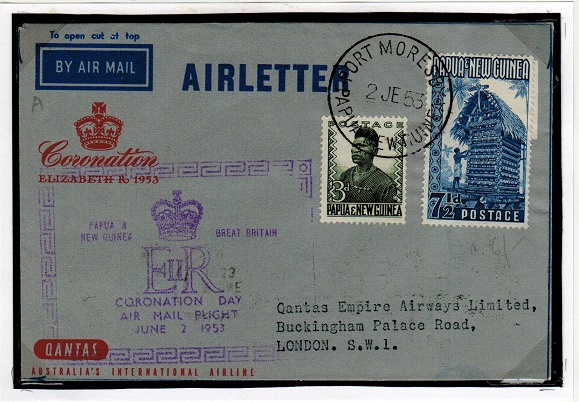 PAPUA - 1953 FORMULA air letter to UK used at PORT MORESBY.