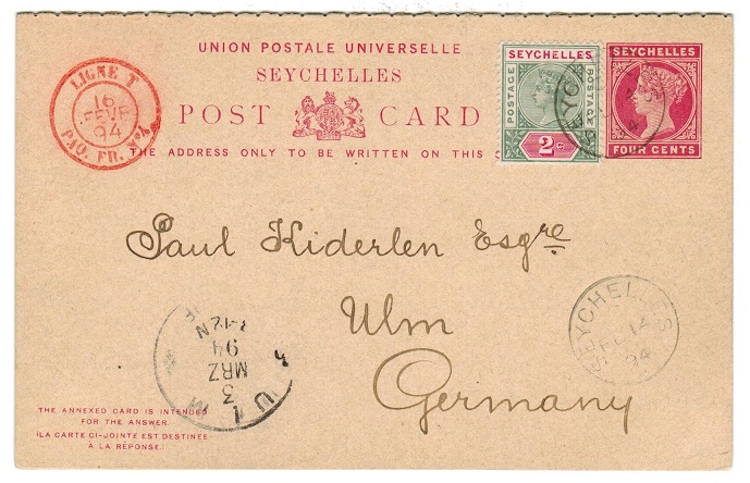 SEYCHELLES - 1890 4c+4c PSRC used to Germany uprated with 2c. No messge.  H&G 4.