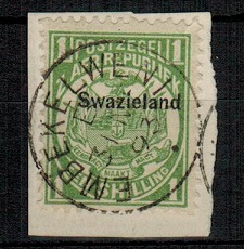 SWAZILAND - 1889 1/- green on piece cancelled EMBEKELWENI.  SG 3.