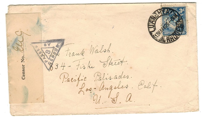 NORTHERN RHODESIA - 1944 3d rate censor cover to USA used at LUANSHYA.
