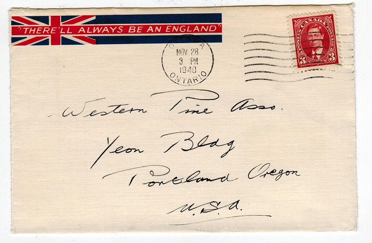 CANADA - 1940 3c cover to USA with THERE ALWAYS BE AN ENGLAND patriotic label tied.