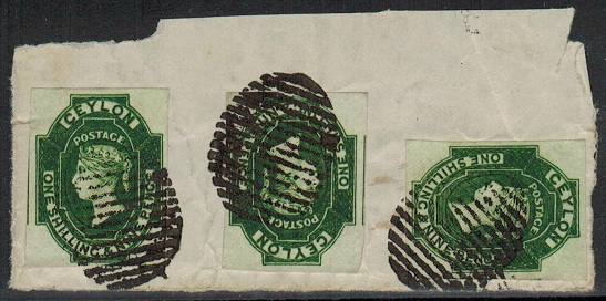 CEYLON - 1857 1/9d deep green trio of 