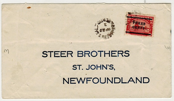 NEWFOUNDLAND - 1920 3c/35c surcharge cover used locally at JOSEPHS SAL.