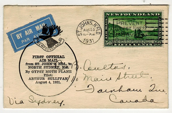 NEWFOUNDLAND - 1931 first flight cover  to Canada.