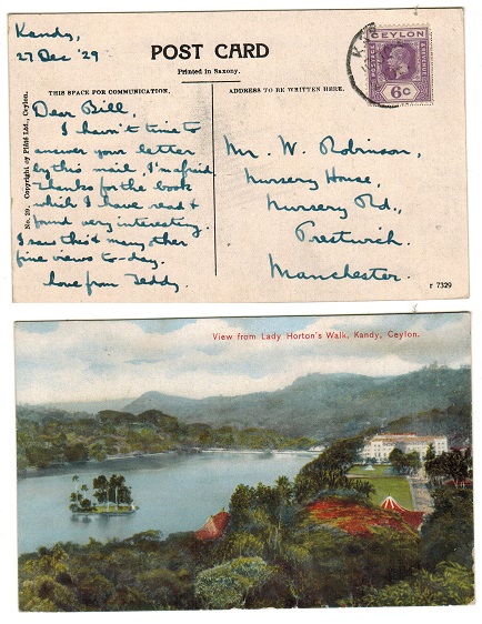 CEYLON - 1929 6c rate postcard use to USA used at KANDY.