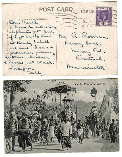CEYLON - 1929 6c rate postcard use to USA used at COLOMBO.