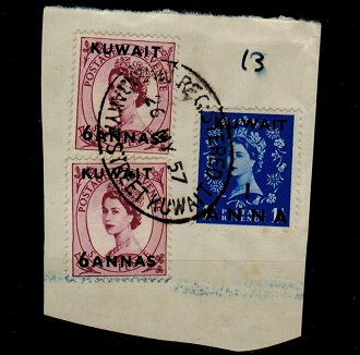 KUWAIT - 1957 piece bearing 1a/1d and 6a/6d (x2) adhesives cancelled MABARAKYA STREET.