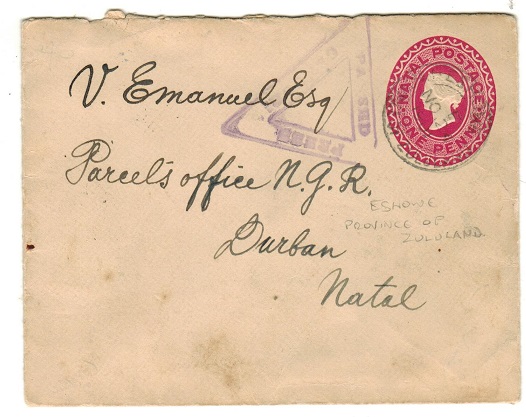 ZULULAND - 1901 1d carmine PSE to Natal used from ESHOWE with Boer War censor handstamp applied.