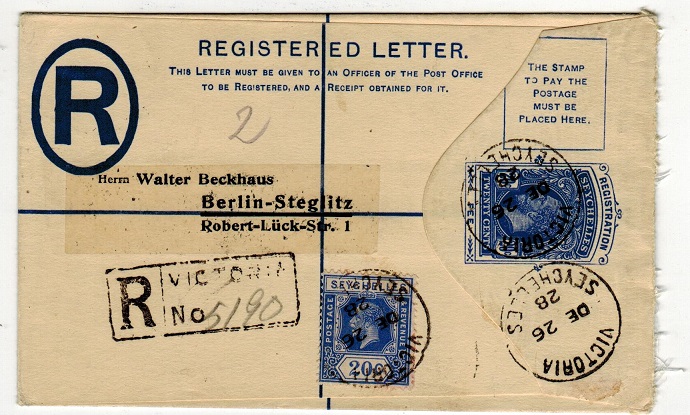 SEYCHELLES - 1916 20c blue RPSE to Germany used at VICTORIA.  H&G 3.