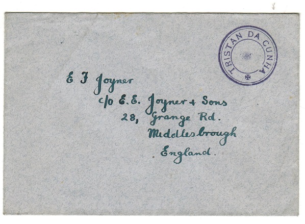 TRISTAN DA CUNHA - 1930 (circa) stampless cover to UK cancelled by TRISTAN DA CUNHA h/s (SG C6).
