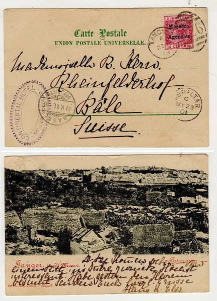 MOROCCO AGENCIES - 1903 10c rate postcard to Switzerland used at TANGIER with CONTINENTAL HOTEL cach