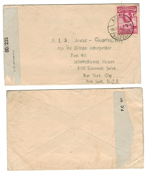 GOLD COAST - 1944 4d rate censor cover to USA used at ACCRA.